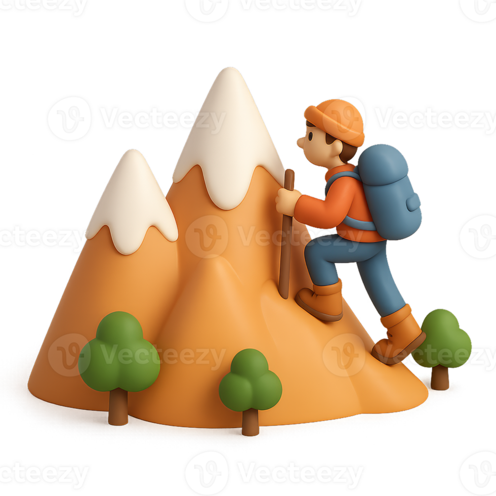 Climber Ascending Mountain with 3D Cartoon Style and Simple Design png
