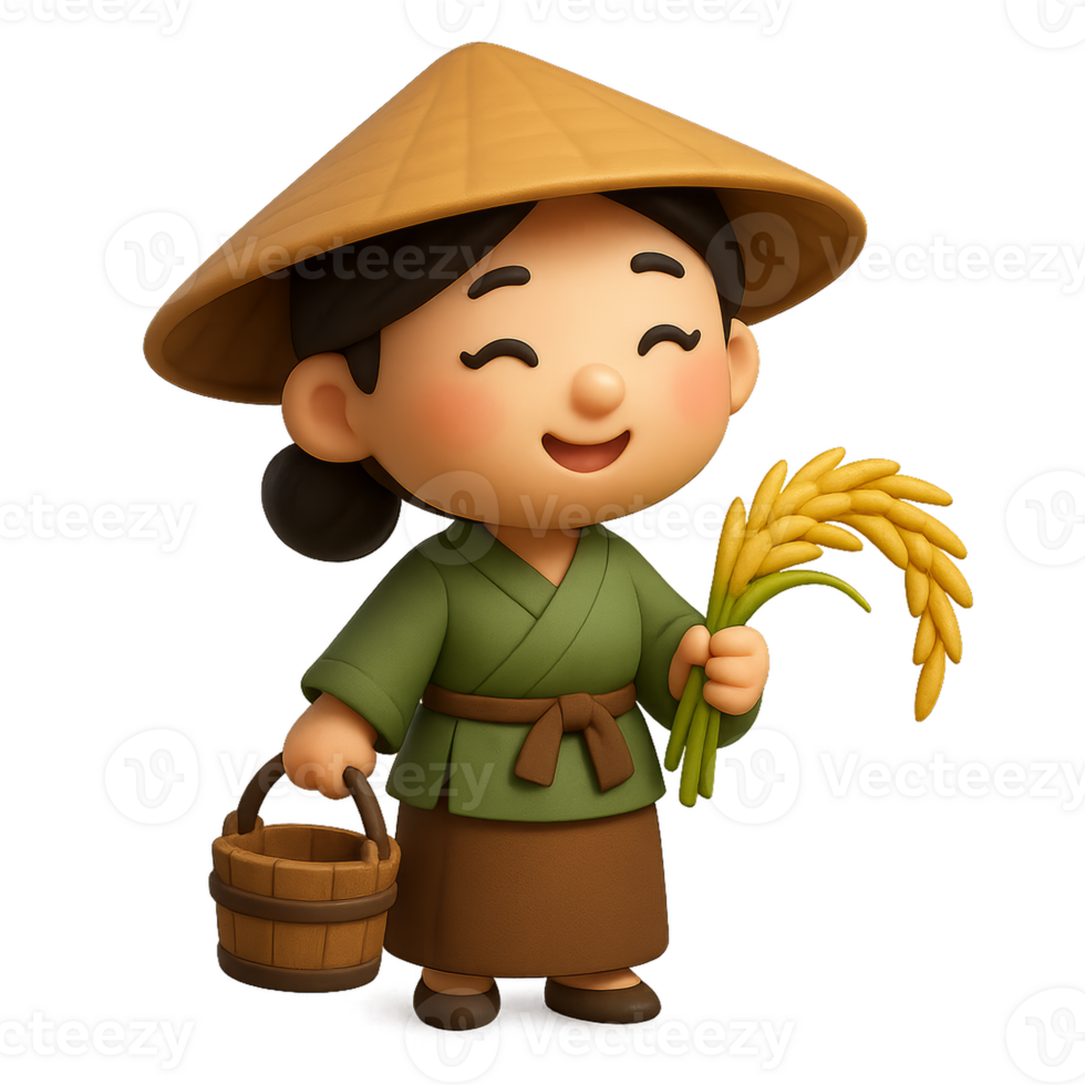 Joyful Woman in Traditional Chinese Attire with Rice Harvest png