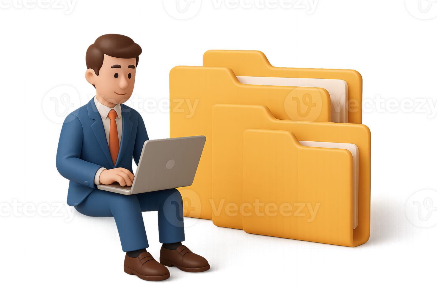 3D Business Workspace with Character Using Laptop Among Folders png