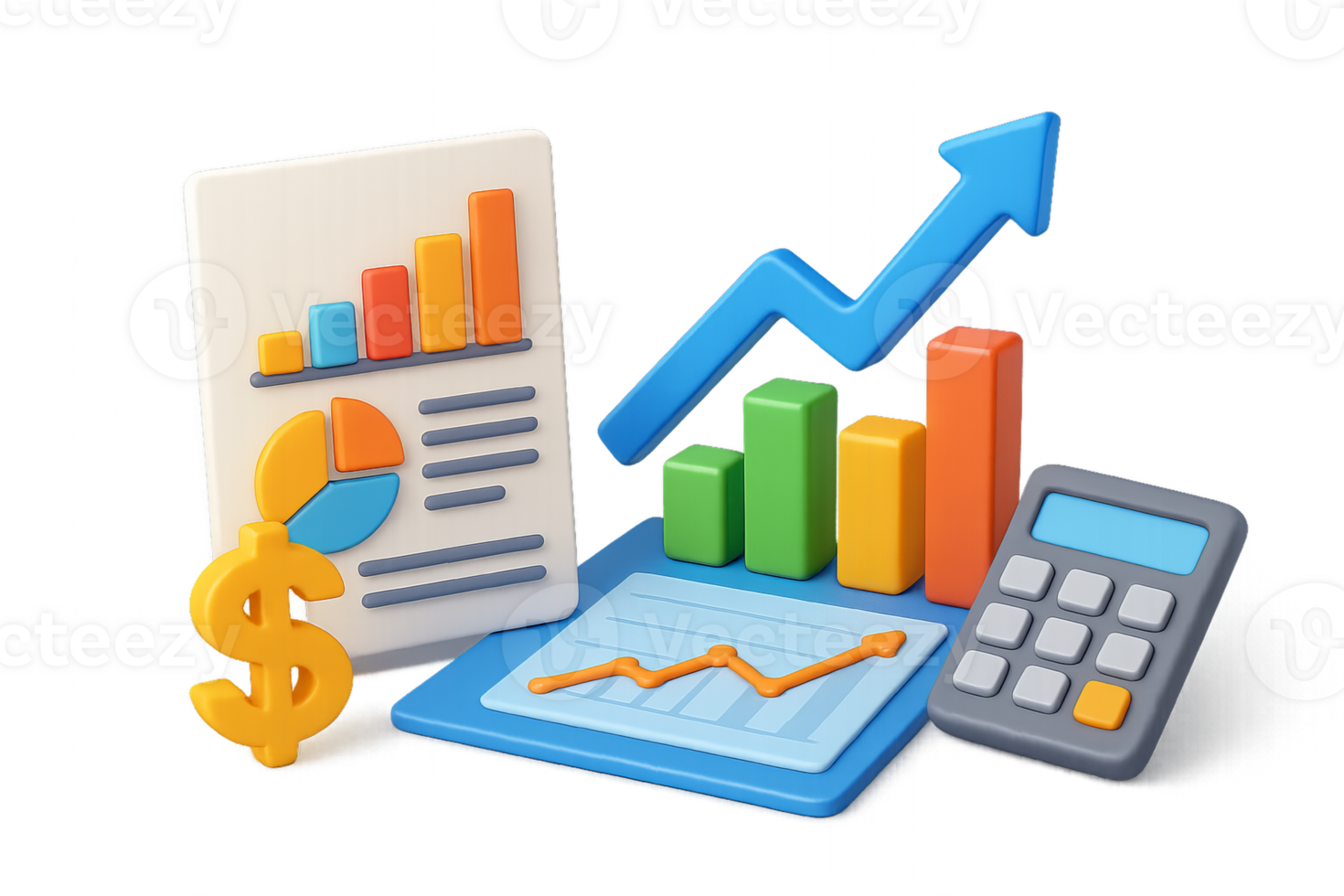 3D Financial Analysis with Graphs, Calculator, and Dollar Symbol png