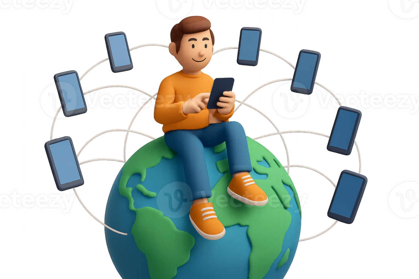 Man Sitting on Globe Using Smartphone Surrounded by Network Connections png