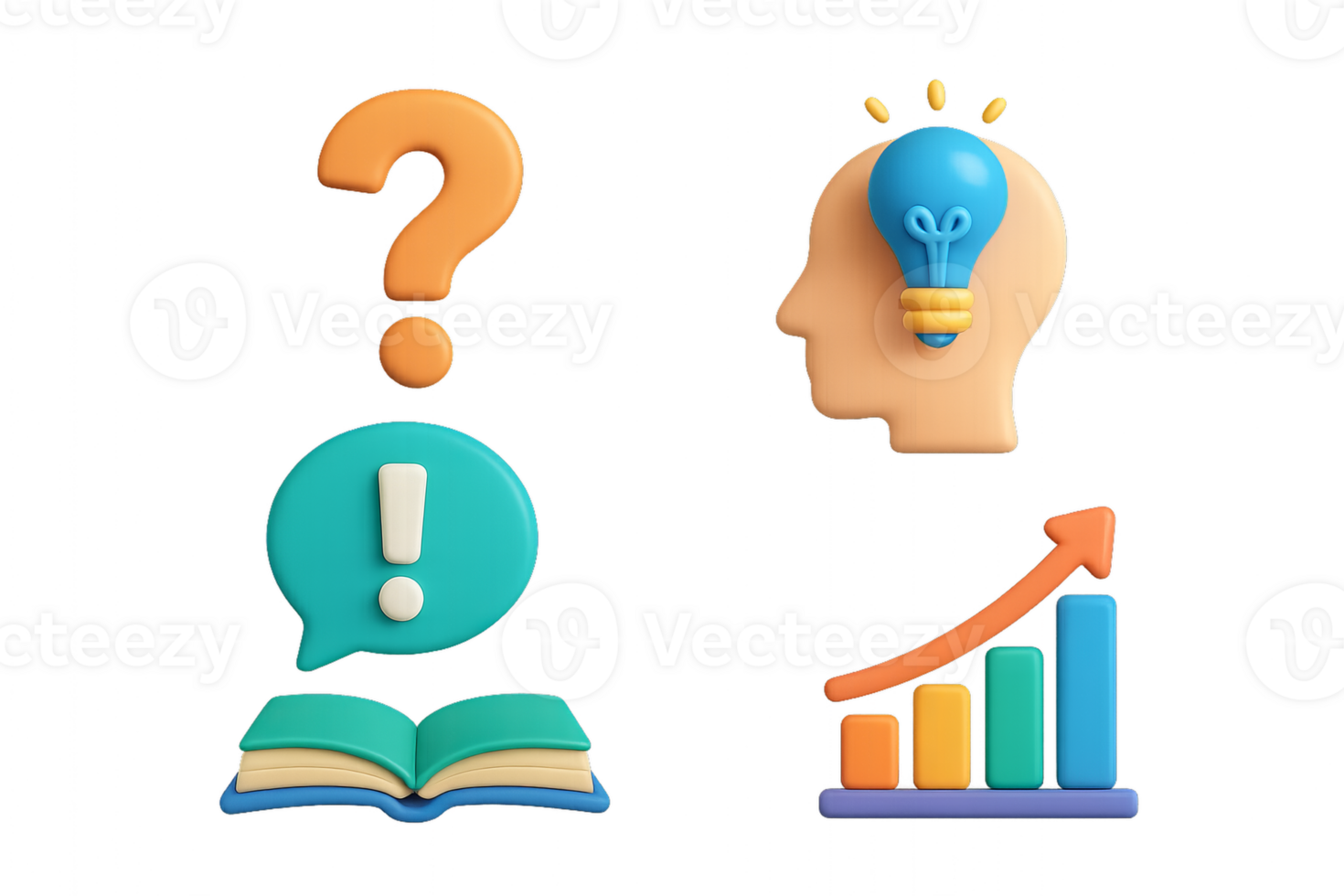 Colorful 3D Icons Illustrating Question, Idea, and Growth Concepts png