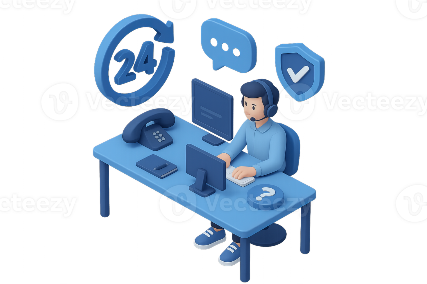 Isometric Support Representative at Desk with Communication Tools png