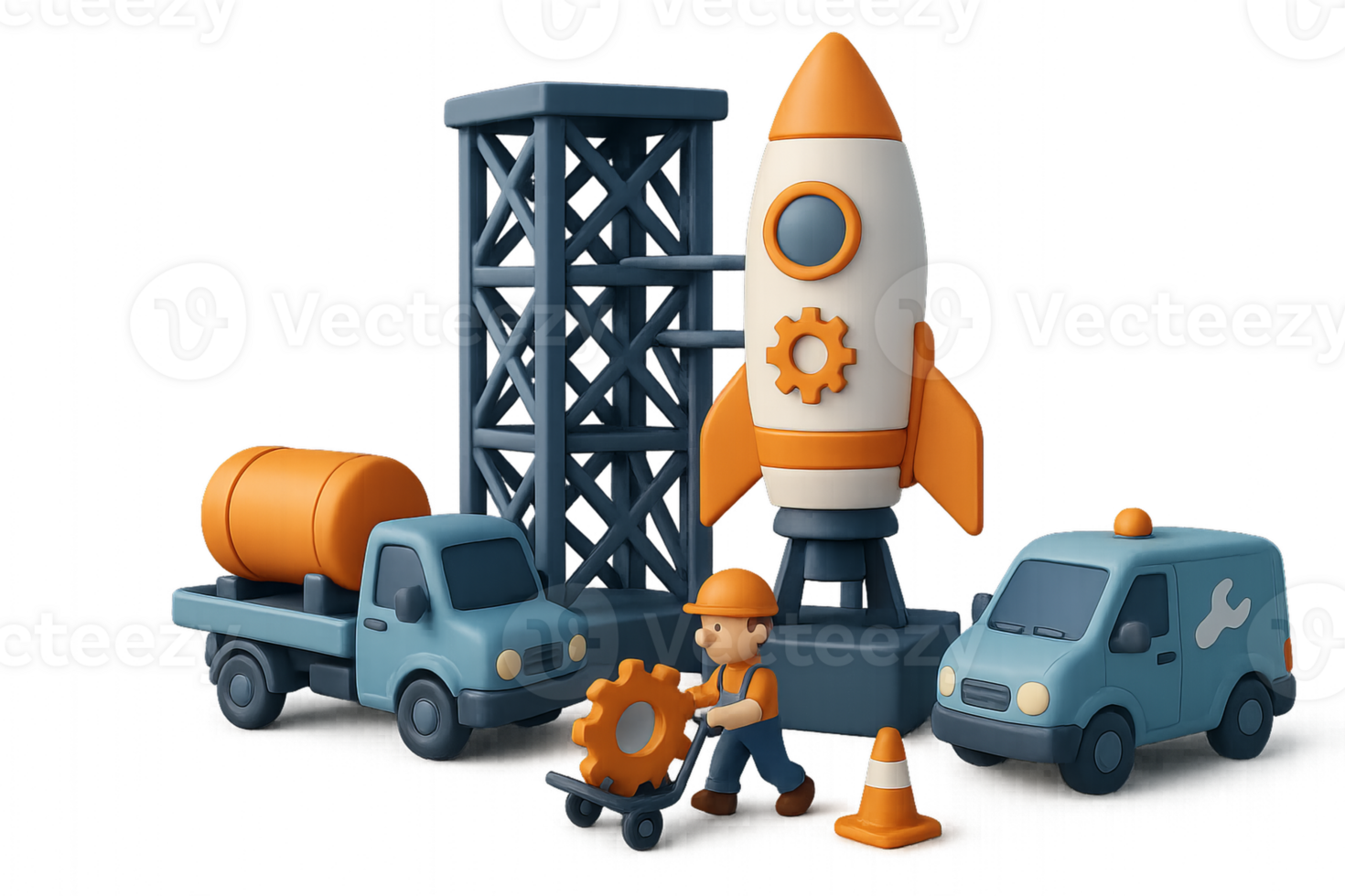 Simple 3D Rocket Loading Scene with Trucks and Construction Worker png