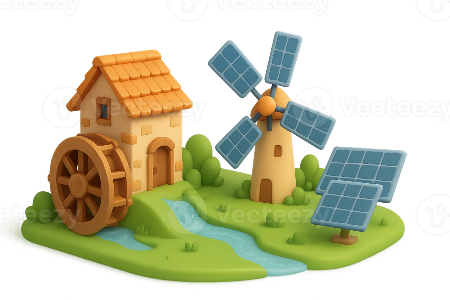 Renewable Energy Landscape with Windmill, Watermill, and Solar Panels png