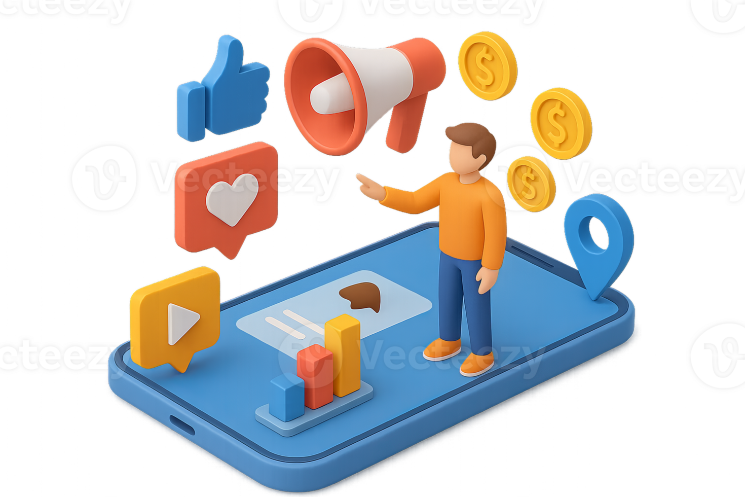 3D Promotional Media Concept with Social Media Icons and Analytics png