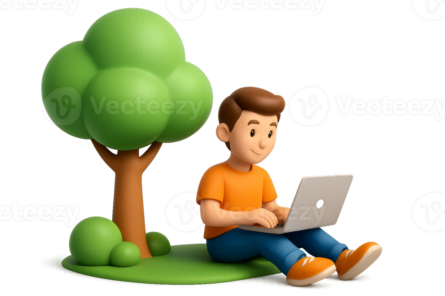 Young Man Working on Laptop in Simple 3D Outdoor Scene png