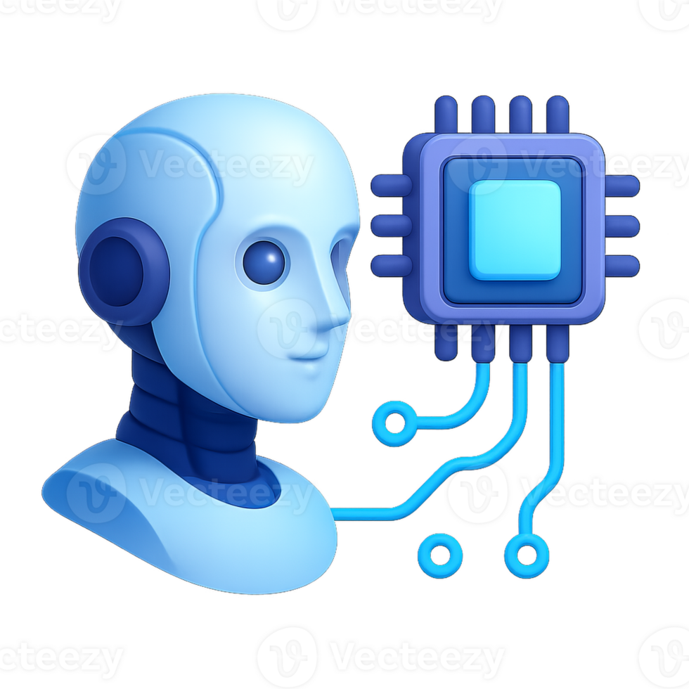 Futuristic AI Robot Head with Microchip and Simple Design Elements png