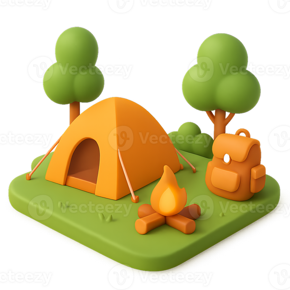 Colorful 3D Camping Scene with Tent, Fire, and Trees for Design Use png
