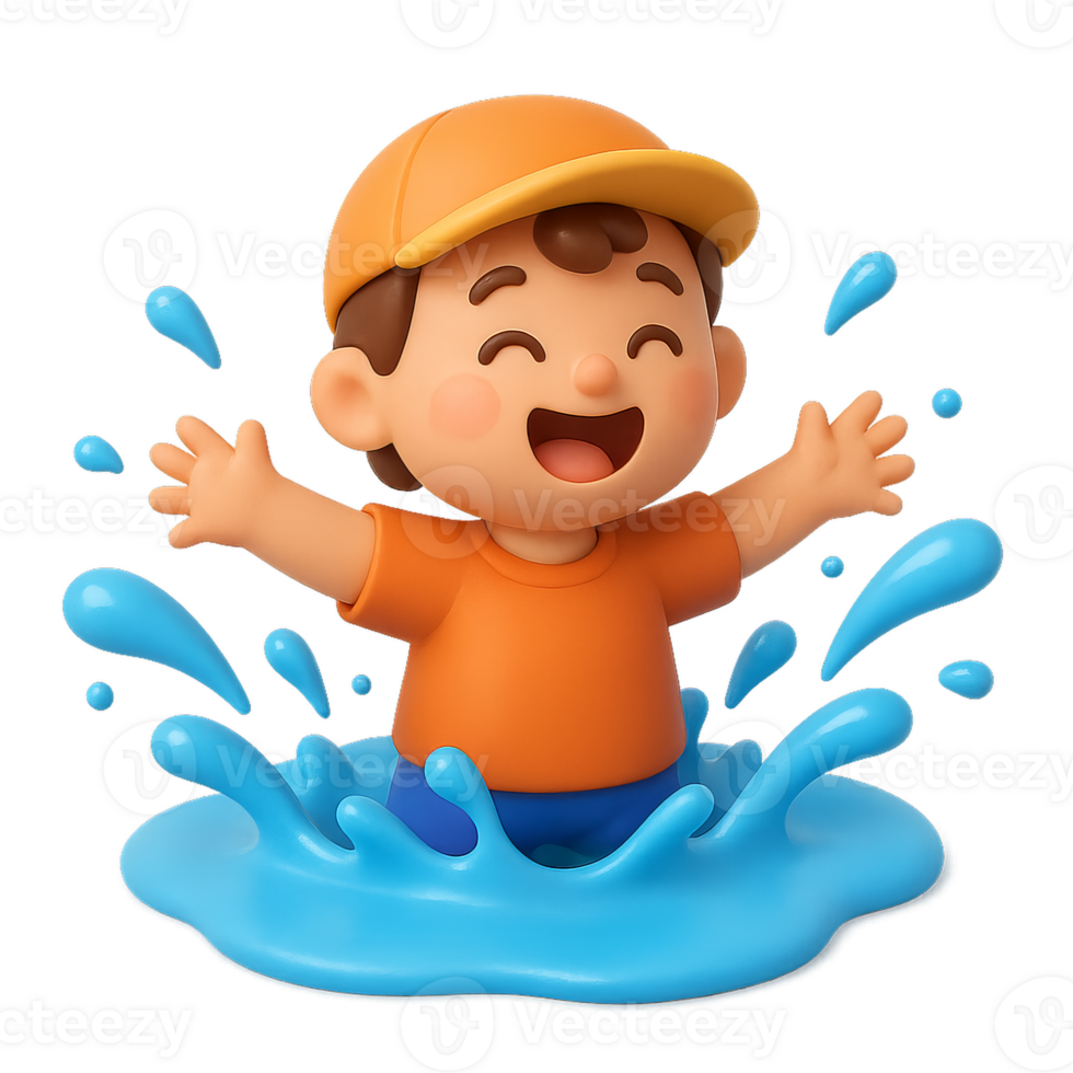 Happy Child Playing in Water, Joyful Expression, 3D Animation Style png