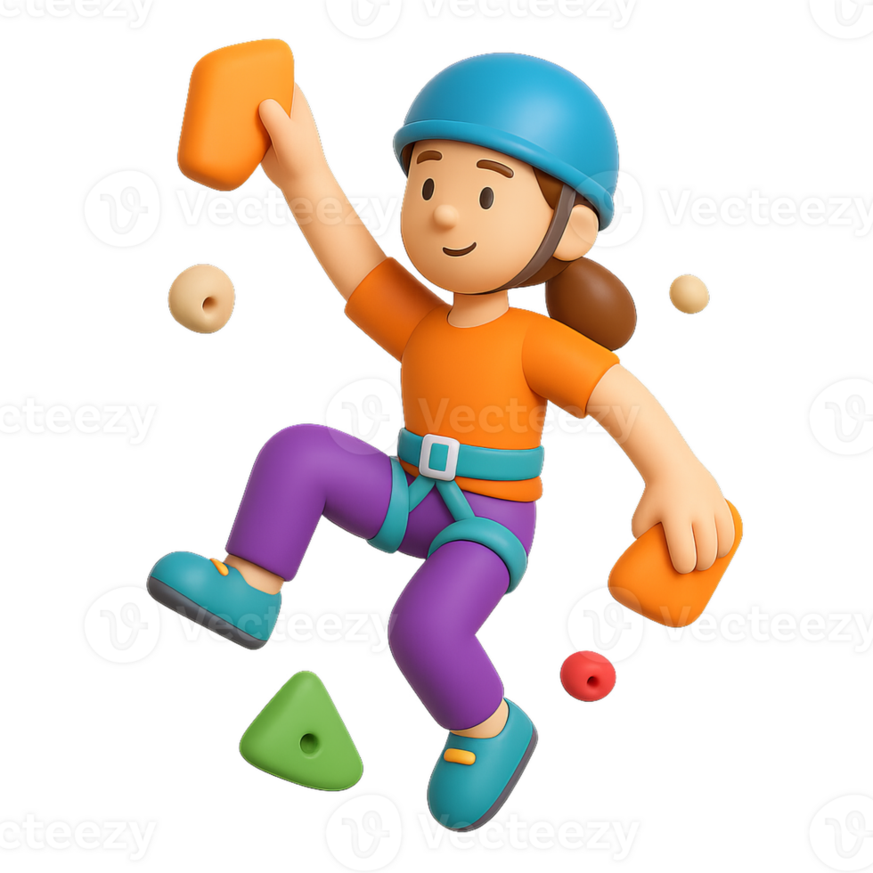 3D Cartoon Rock Climber in Colorful Gear Climbing Indoor Wall png