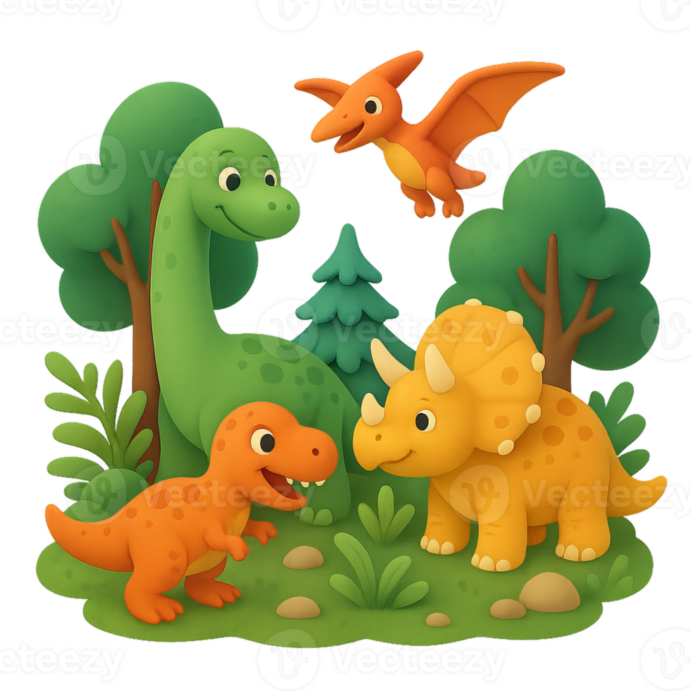 Colorful Dinosaurs in Ancient Forest with Vibrant Environment png