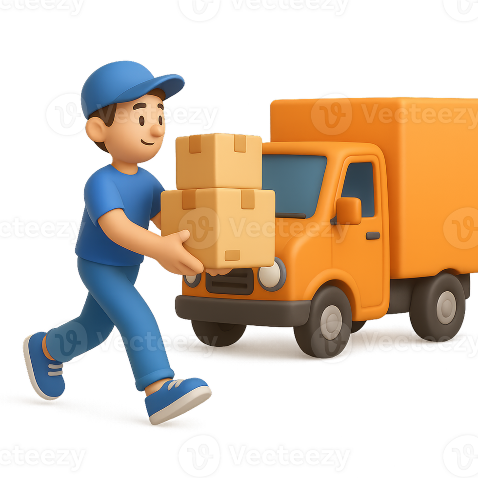 Smiling Man Loading Boxes into a Truck in Bright Colorful Scene png