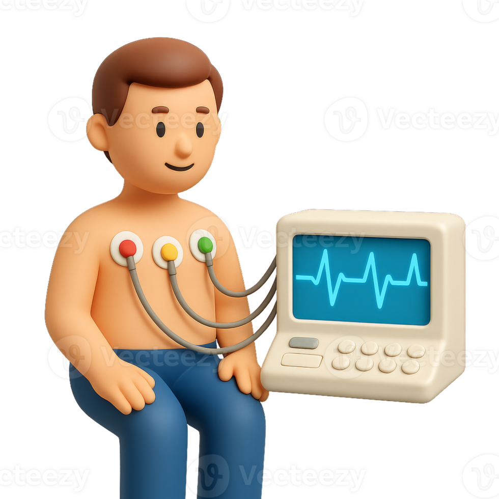 3D Character with ECG Machine Demonstrating Simple Heart Monitoring png