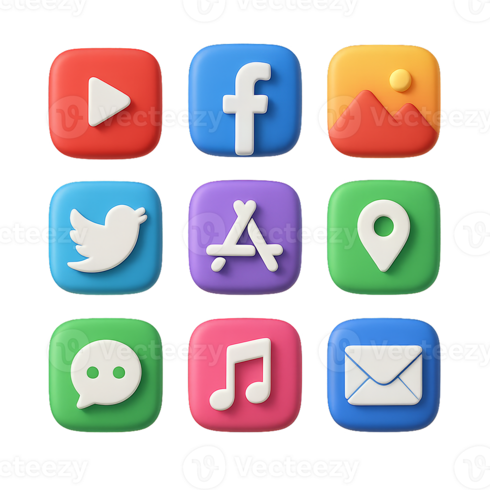 Colorful 3D Smartphone App Icons on a White Background png