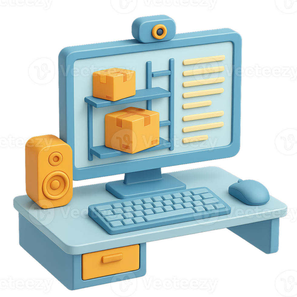 Simple 3D Desk Scene with Computer and Storage Boxes in Warehouse Style png