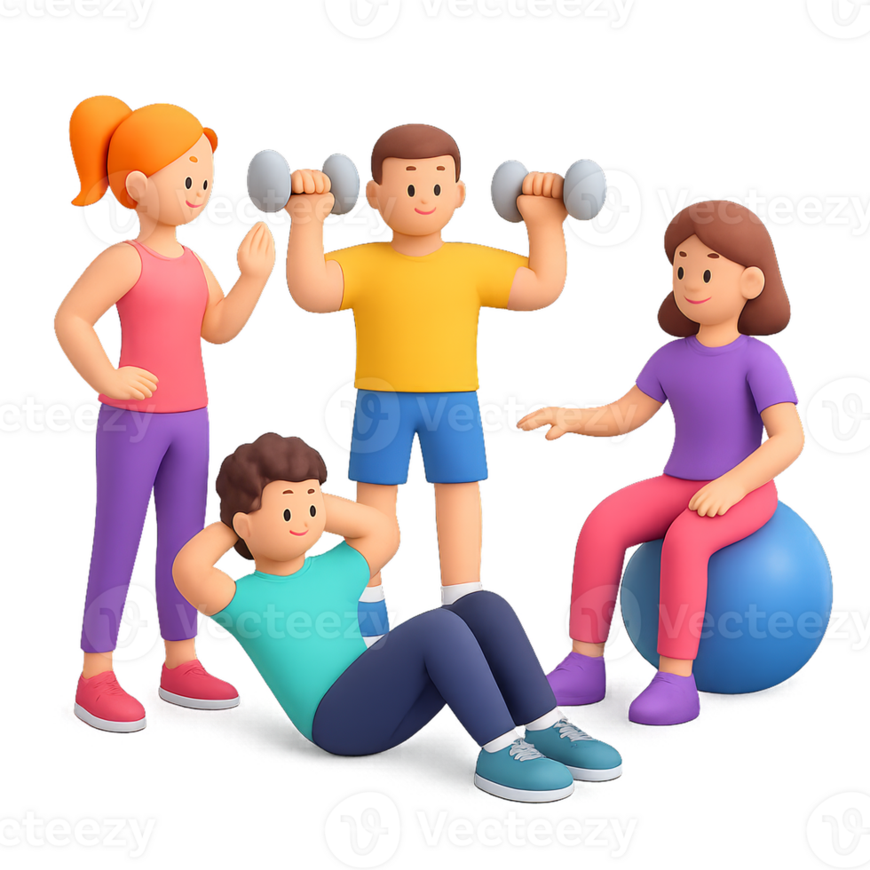 Engaging 3D Gym Workout Scene Featuring Animated Characters png