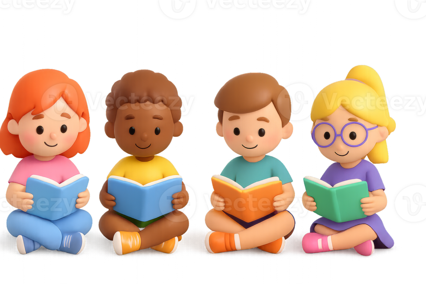 Diverse Pupils Enjoying Reading Together in 3D Style Illustration png