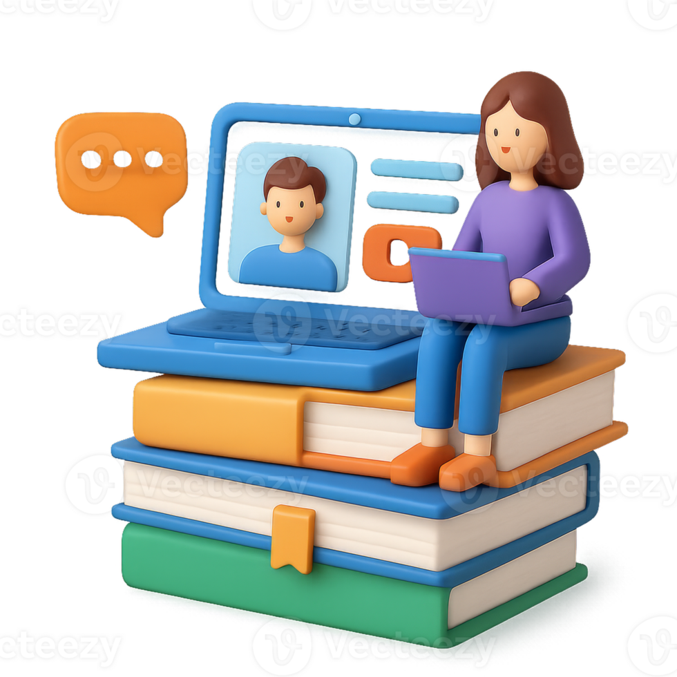 Virtual Learning Concept with 3D Characters and Stack of Books png
