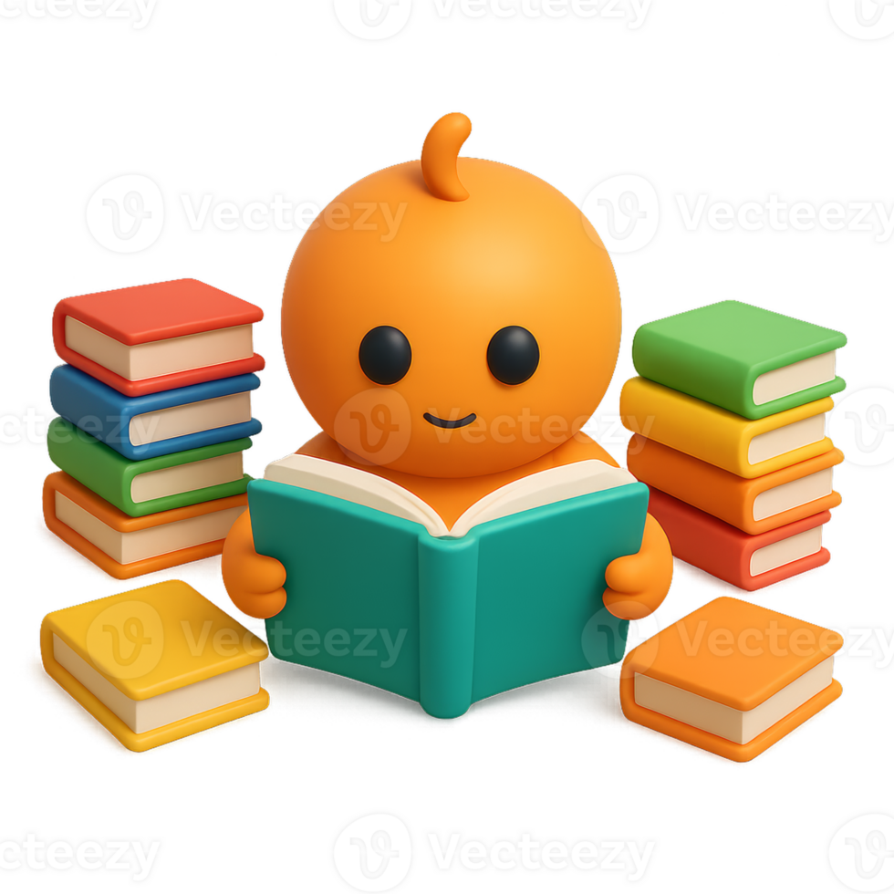 Engaging 3D Character Reading Among Colorful Stacked Books png