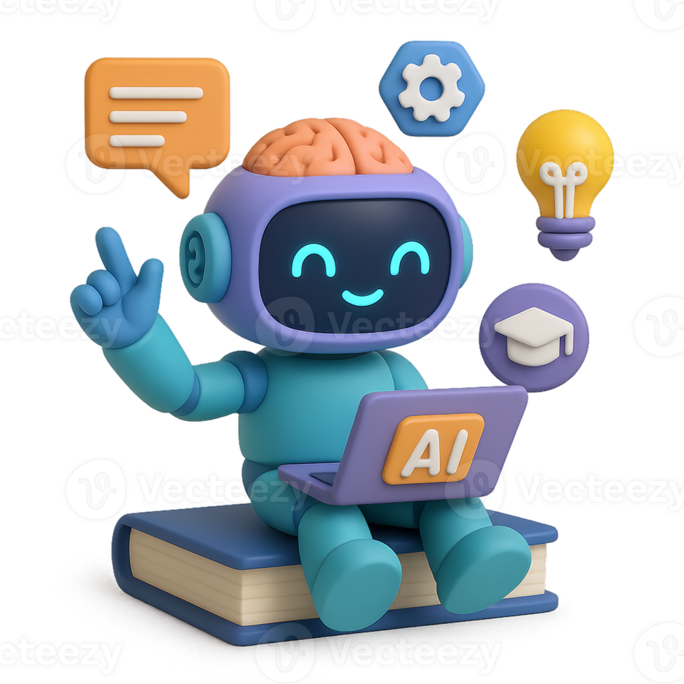 Cute 3D Robot Engaged in AI Education with Learning Icons png