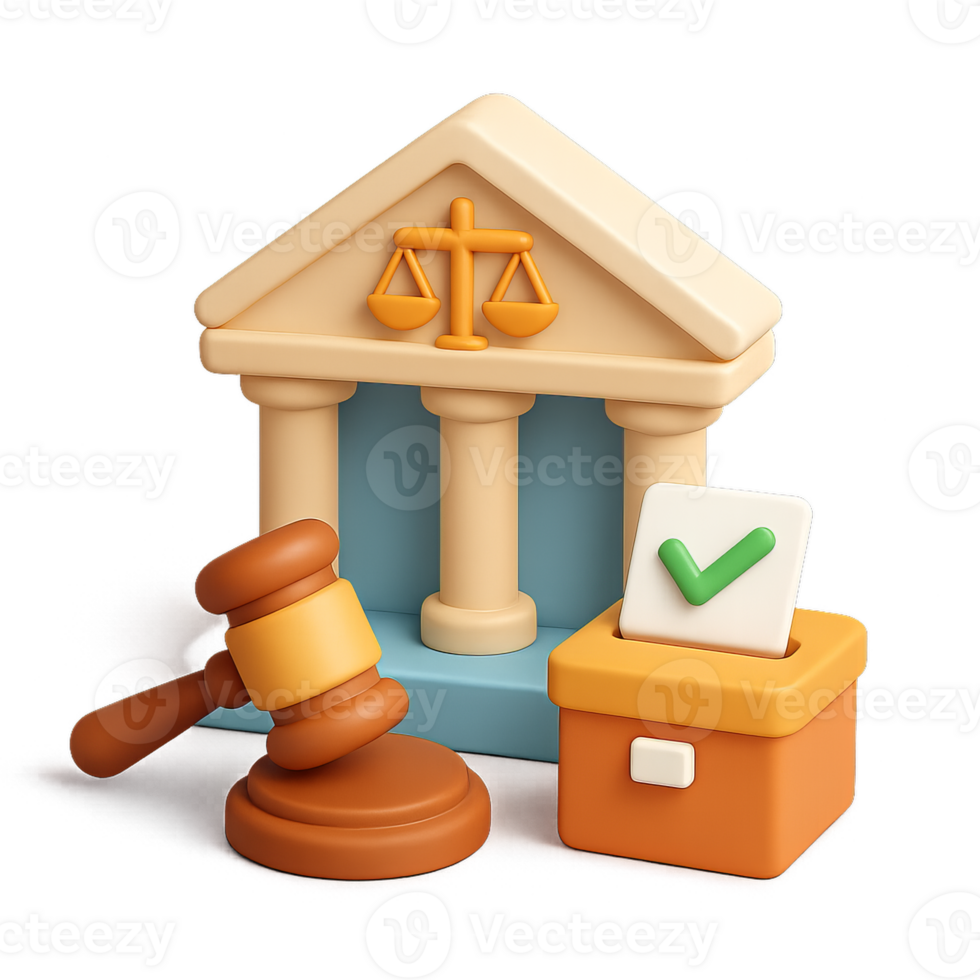 3D Simple Governance Design with Gavel, Scales, and Checkmark Icon png