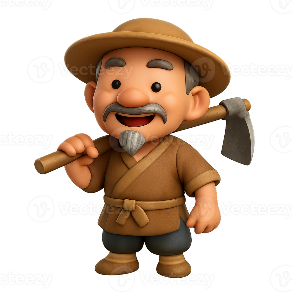 Cheerful Cartoon Farmer with Axe in Traditional Ancient Chinese Style png