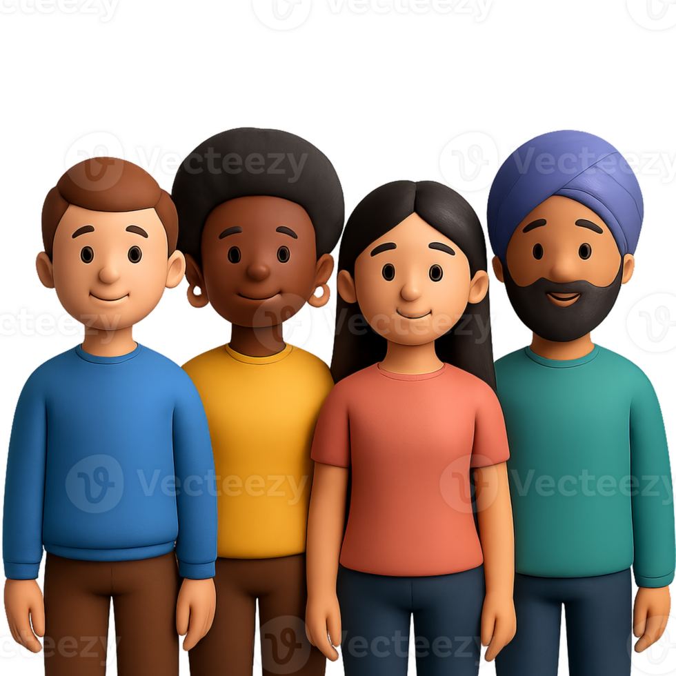 Diverse 3D Portraits of Four Unique Characters in Simple Style png