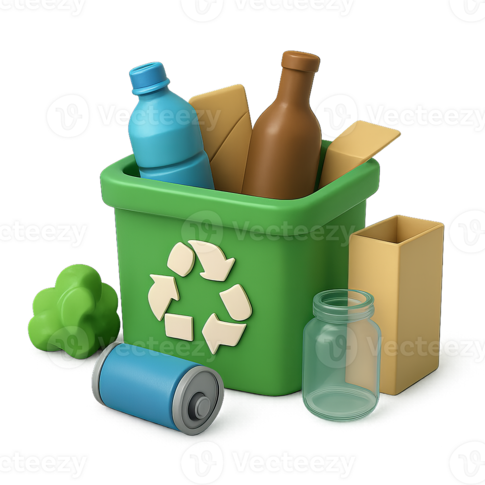 3D Simple Recycling Bin with Bottles and Paper Cardboard Waste png