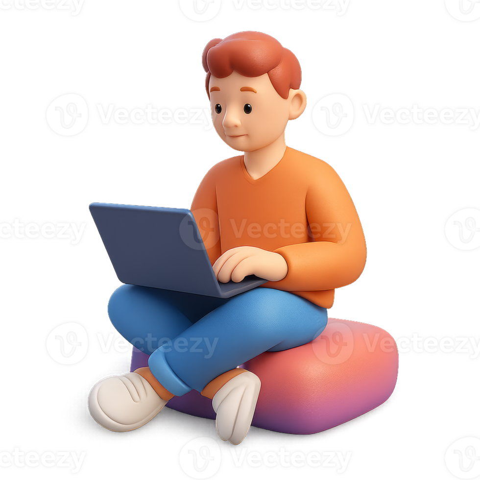 Engaging 3D Character Interacting with Laptop in a Casual Setting png
