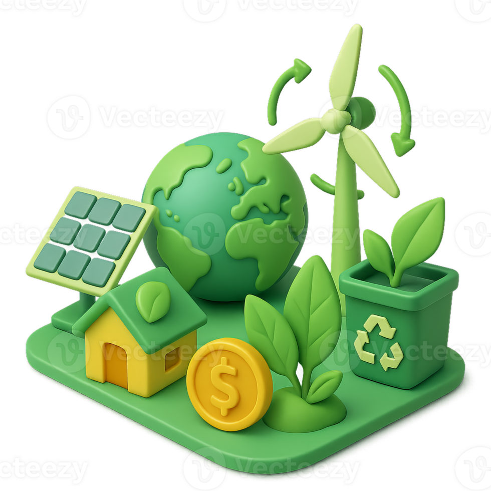 3D Green Economy Concept with Eco-Friendly Icons and Symbols png