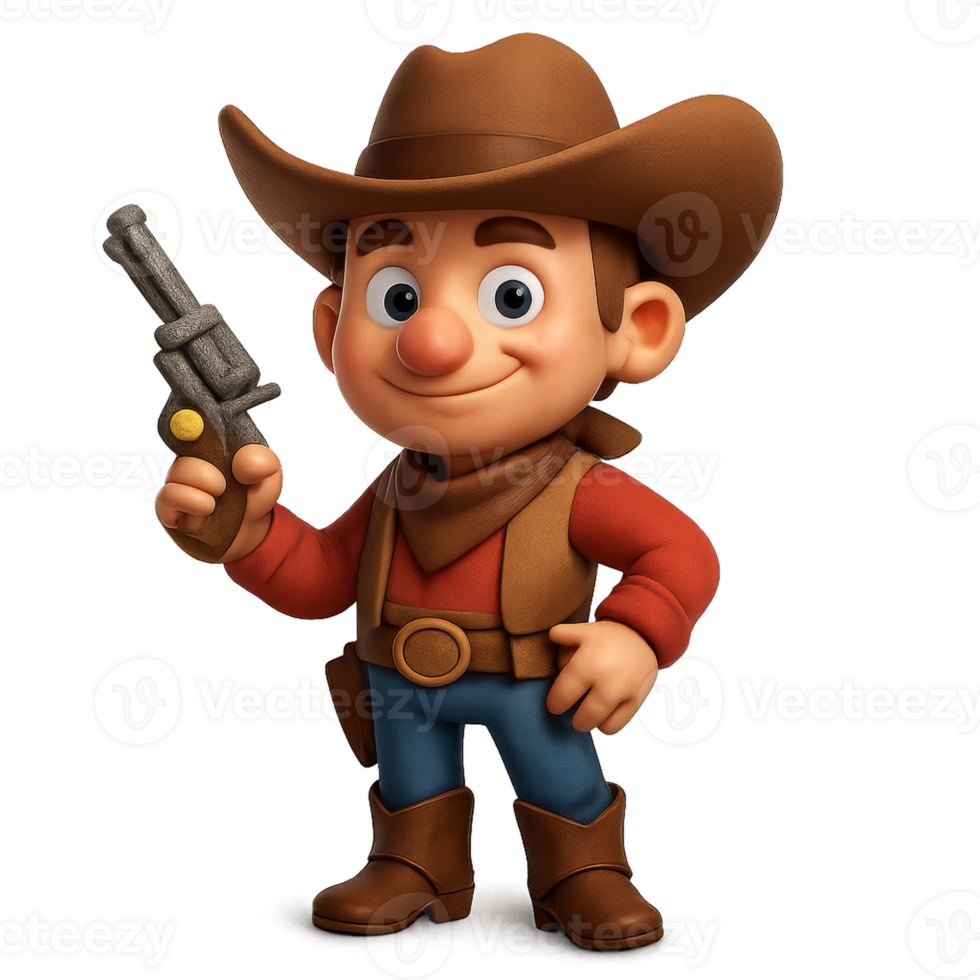 Charming 3D Cowboy Character with a Playful Expression and Gun png