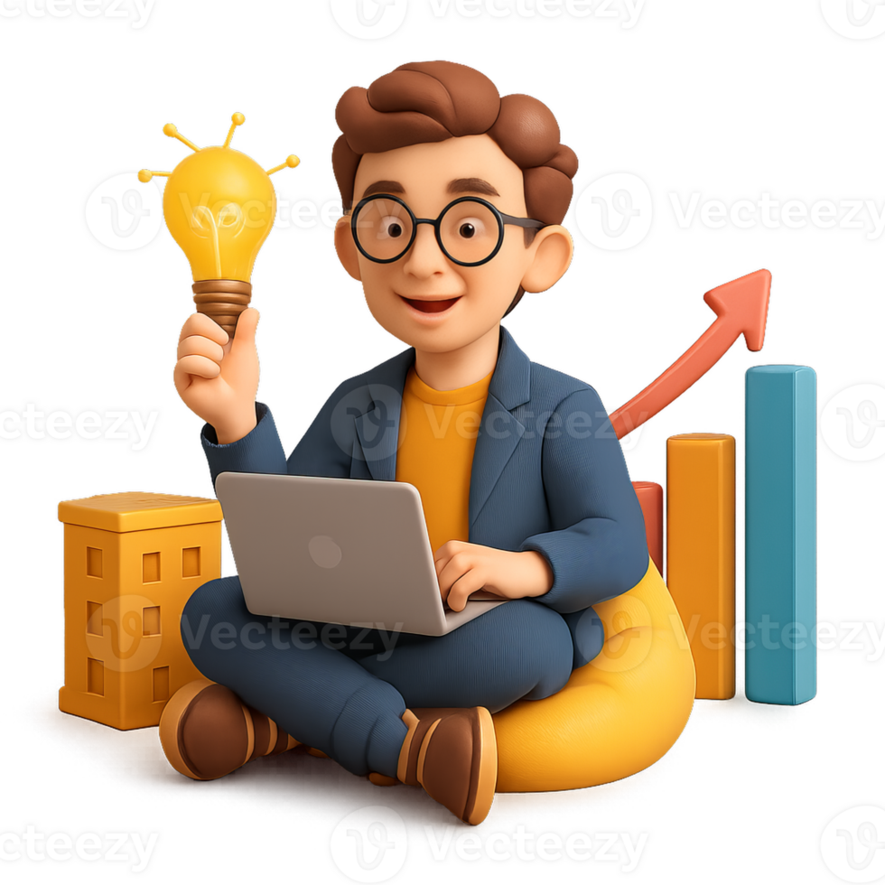 3D Cartoon Character with Light Bulb and Analytics Concept png