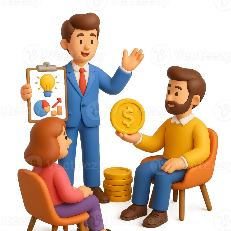 Business Pitch Presentation with Characters and Financial Concepts png