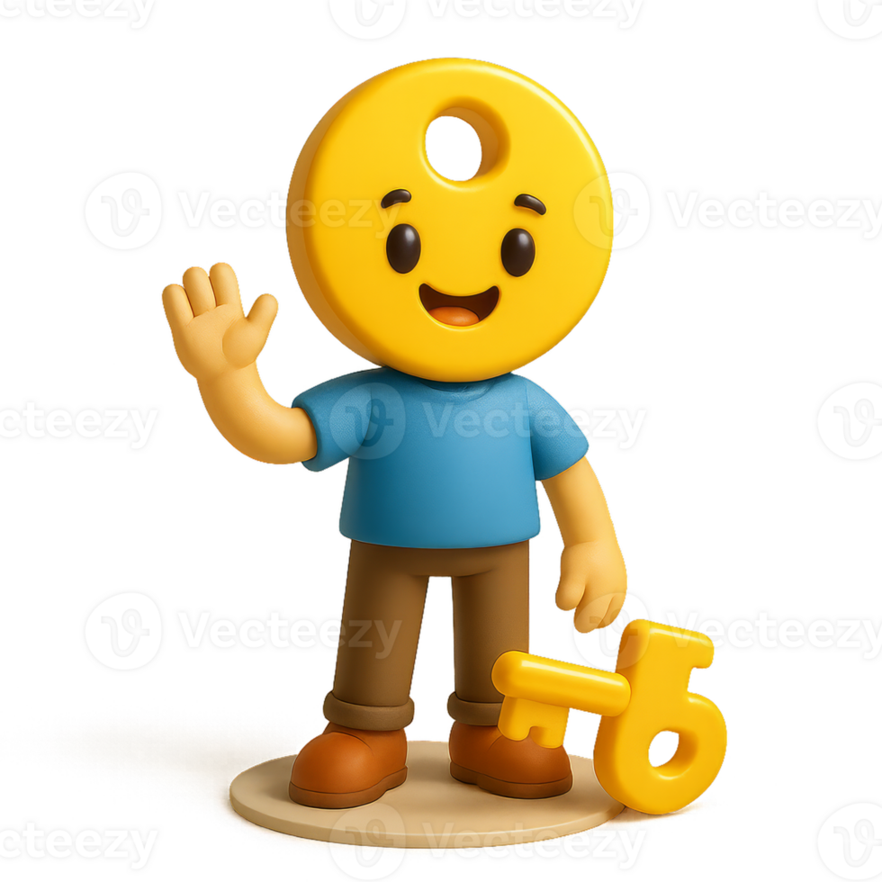 Charming 3D Key Character with Happy Expression and Simple Design png