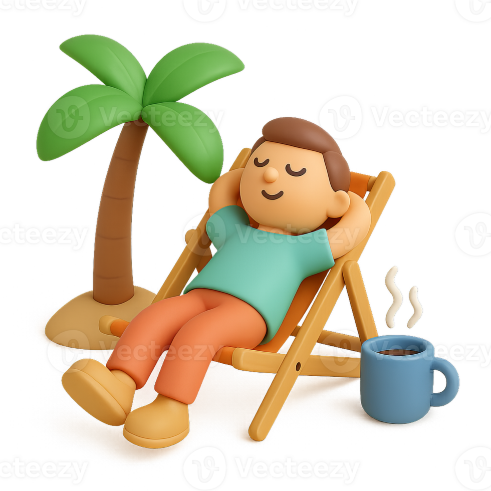 Happy Character Relaxing in 3D Scene by Palm Tree and Coffee Mug png