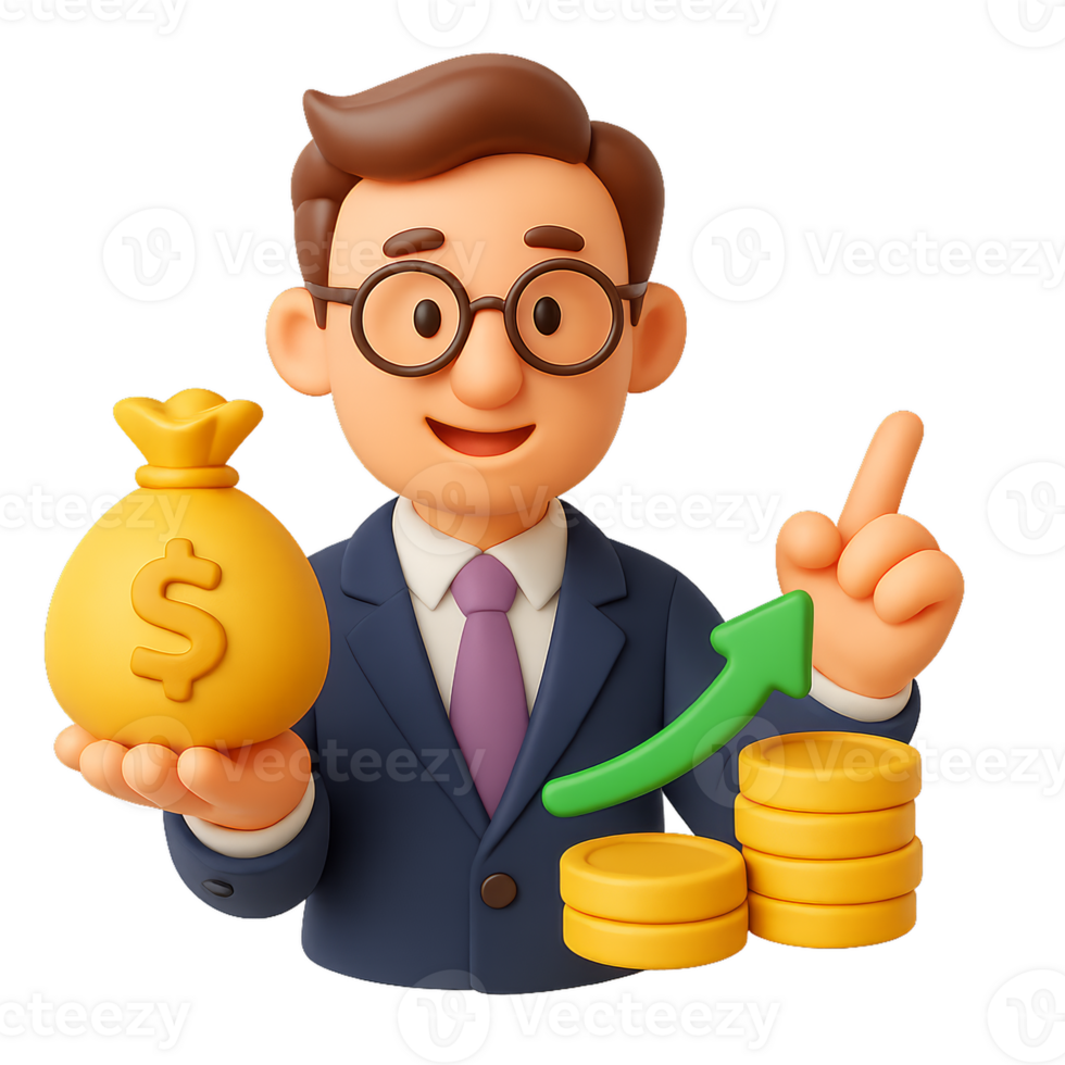 3D Illustration of Investor with Money Bag and Growth Chart Symbol png