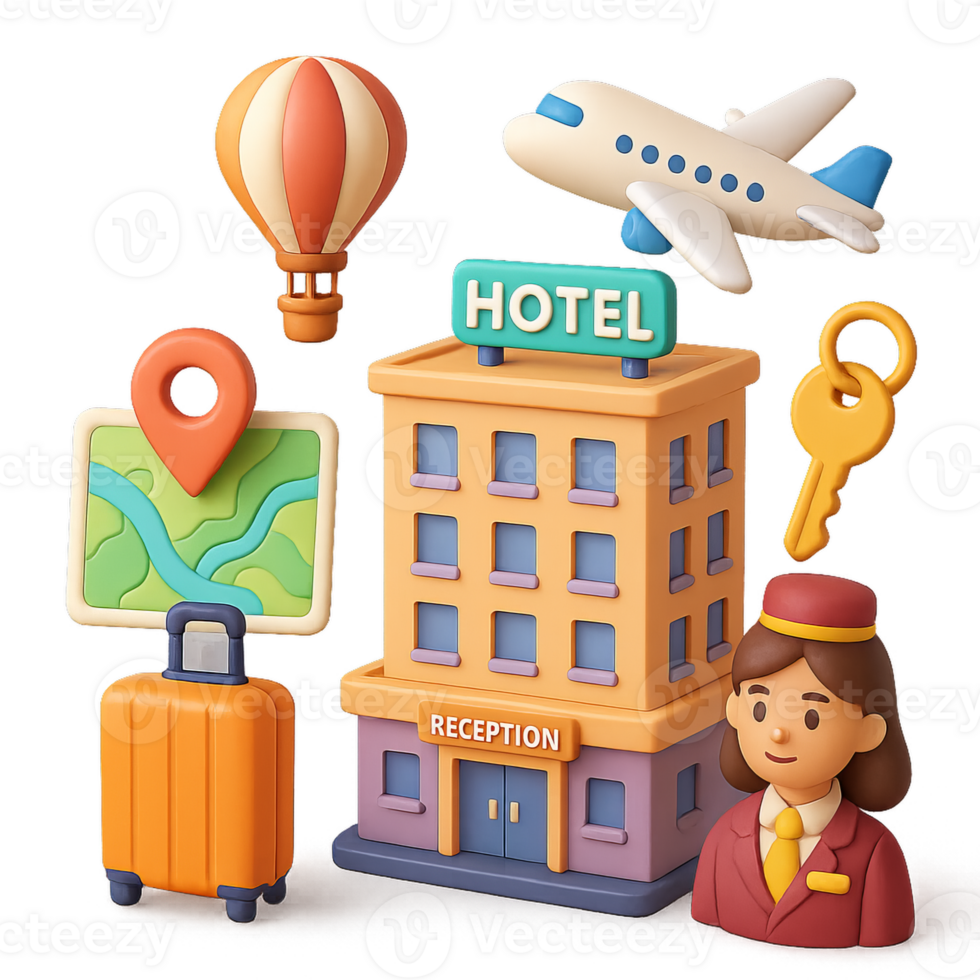 3D Illustration of Hotel Reception with Travel Elements and Icons png