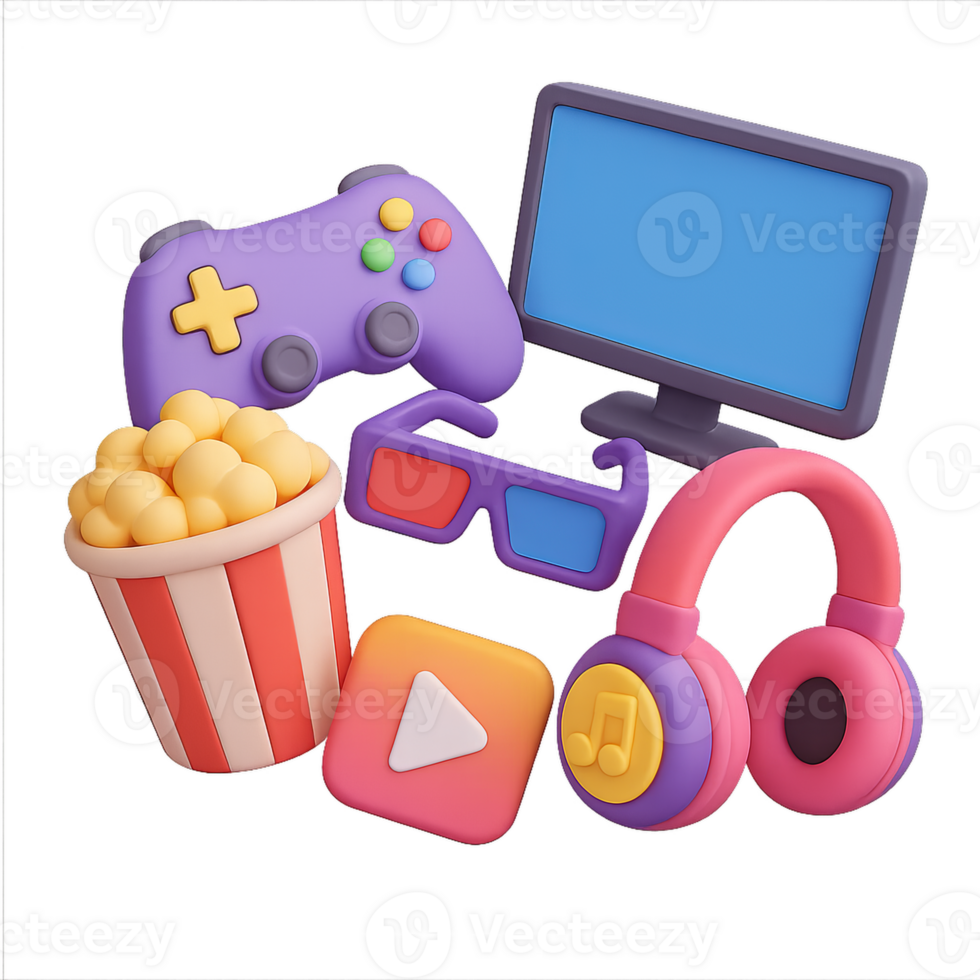 Colorful 3D Entertainment Symbols and Accessories for Fun Activities png