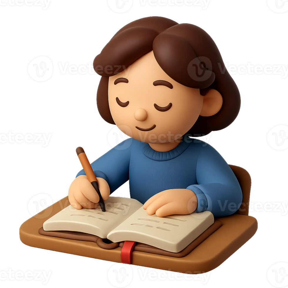 3D Animated Character Journaling in a Simple Scene png