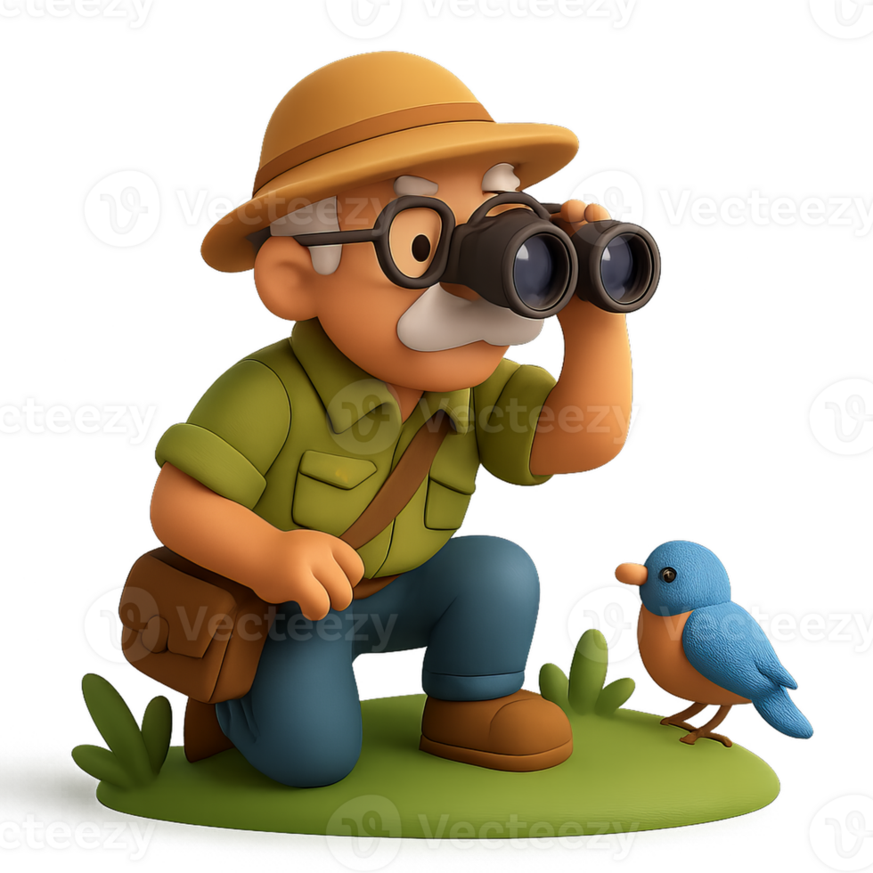 3D Illustration of a Man Birdwatching with Binoculars and Bird png