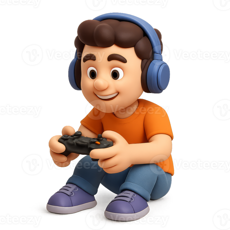 Playful 3D Gamer Character Enjoying Game Scene in Simple Design png