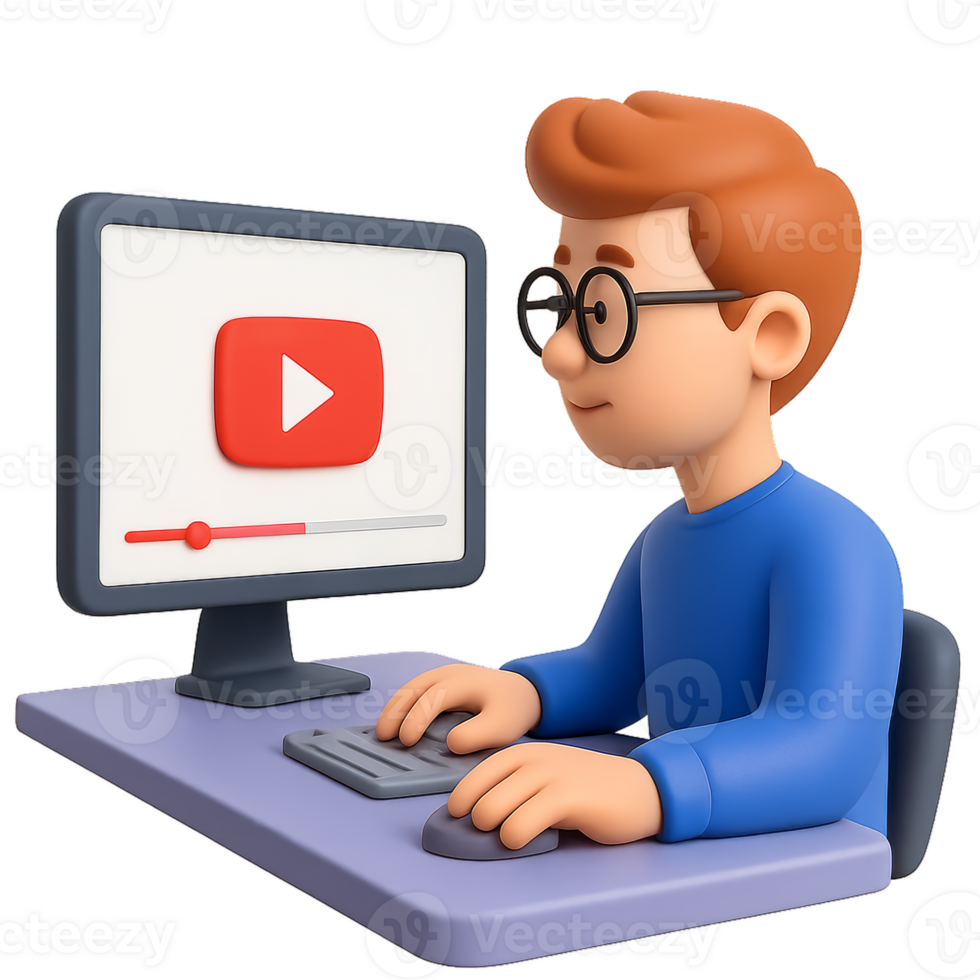 Engaging 3D Character Watching YouTube on Computer Screen png