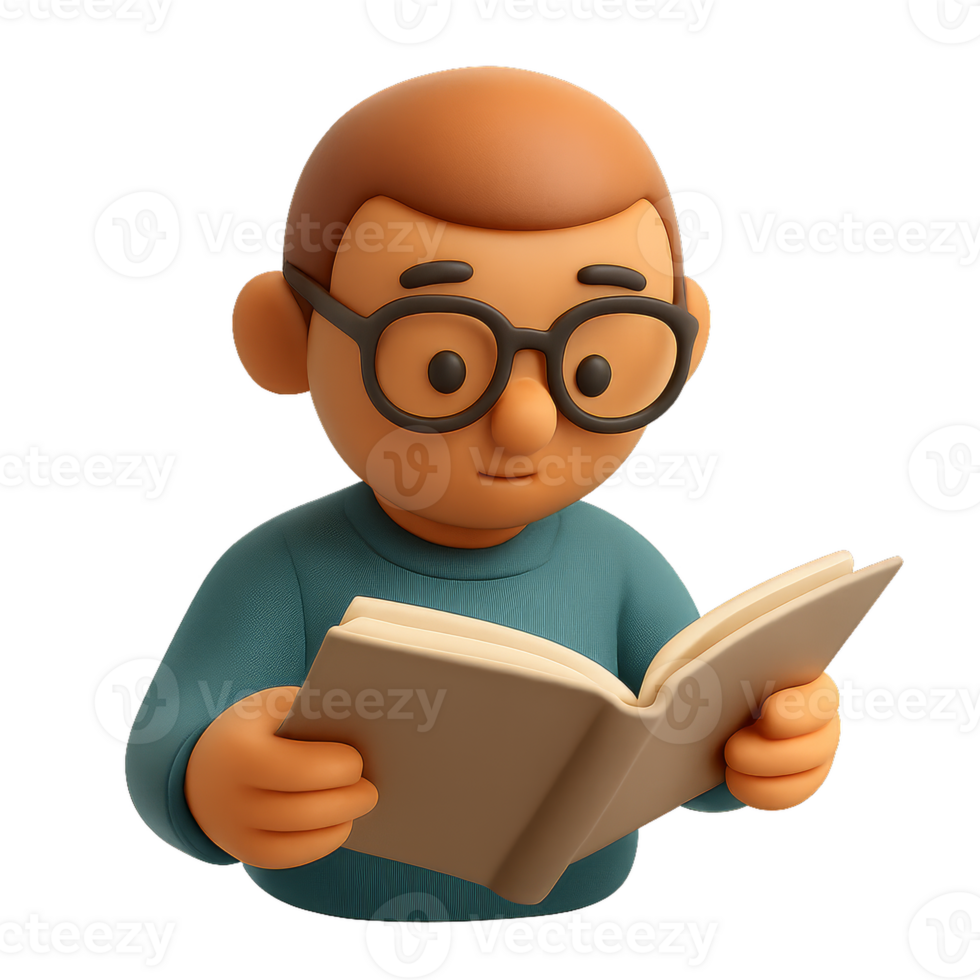 Cute Character Reading Book in 3D Style for Simple Design Projects png