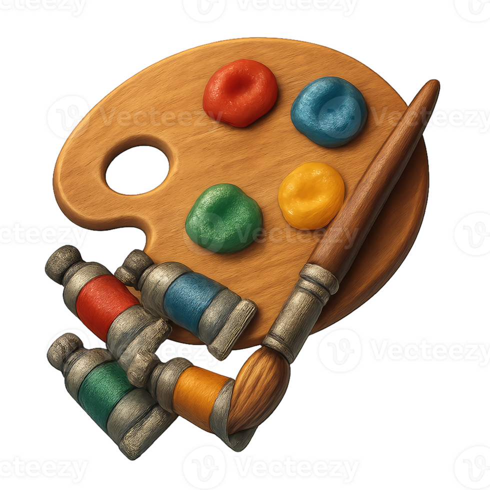 Colorful 3D Art Palette with Paint Tubes and Brush in Simple Style png