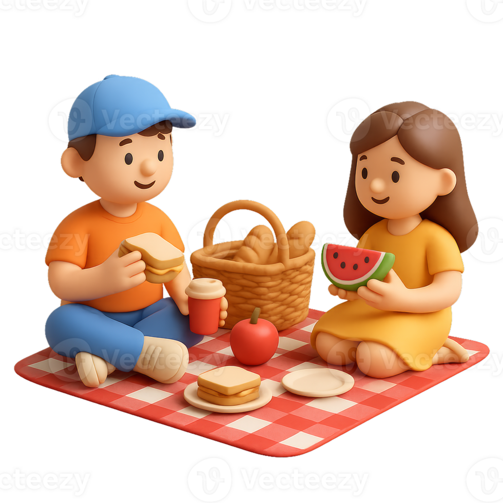 Simple 3D Picnic Scene with Friends Enjoying Food and Drinks png