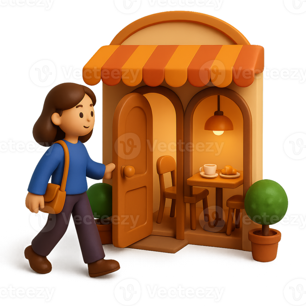 Whimsical 3D Cafe Scene Charming Character and Cozy Atmosphere png