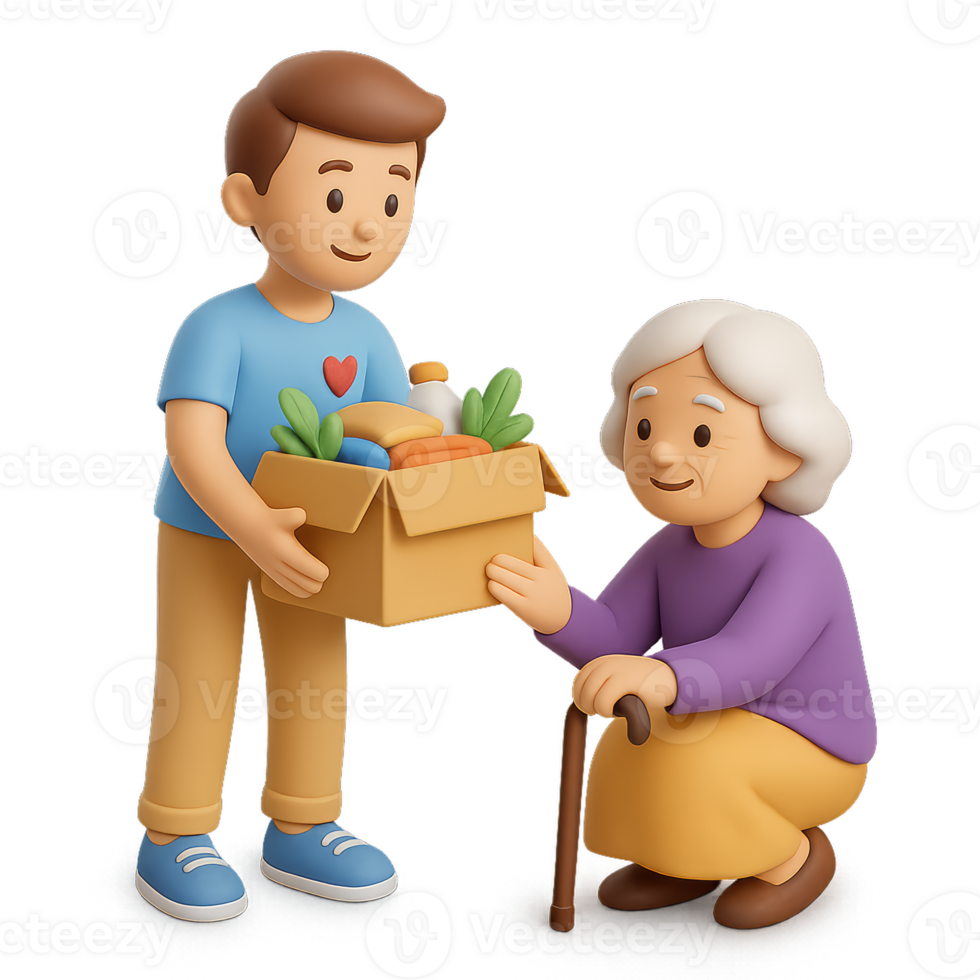 3D Illustration of Young Person Volunteering with Senior Citizen png