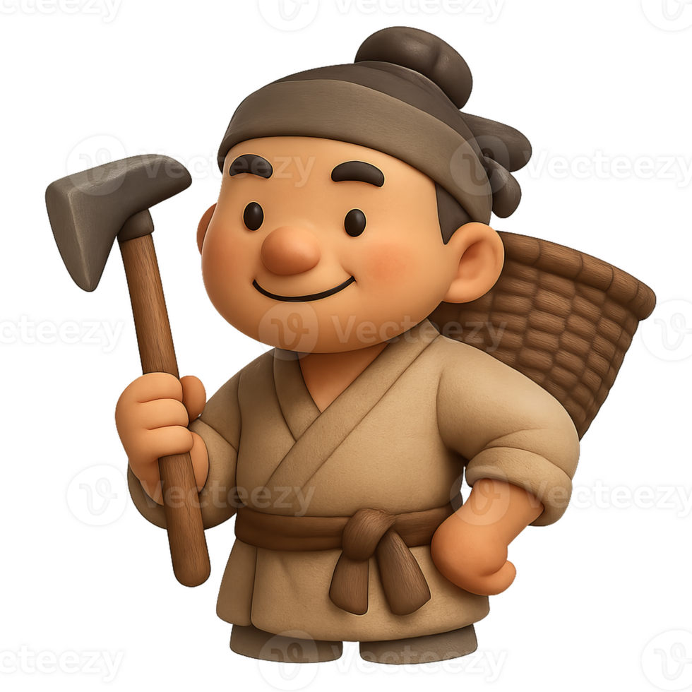 Charming Cartoon Farmer in Ancient Chinese Attire with Tool png