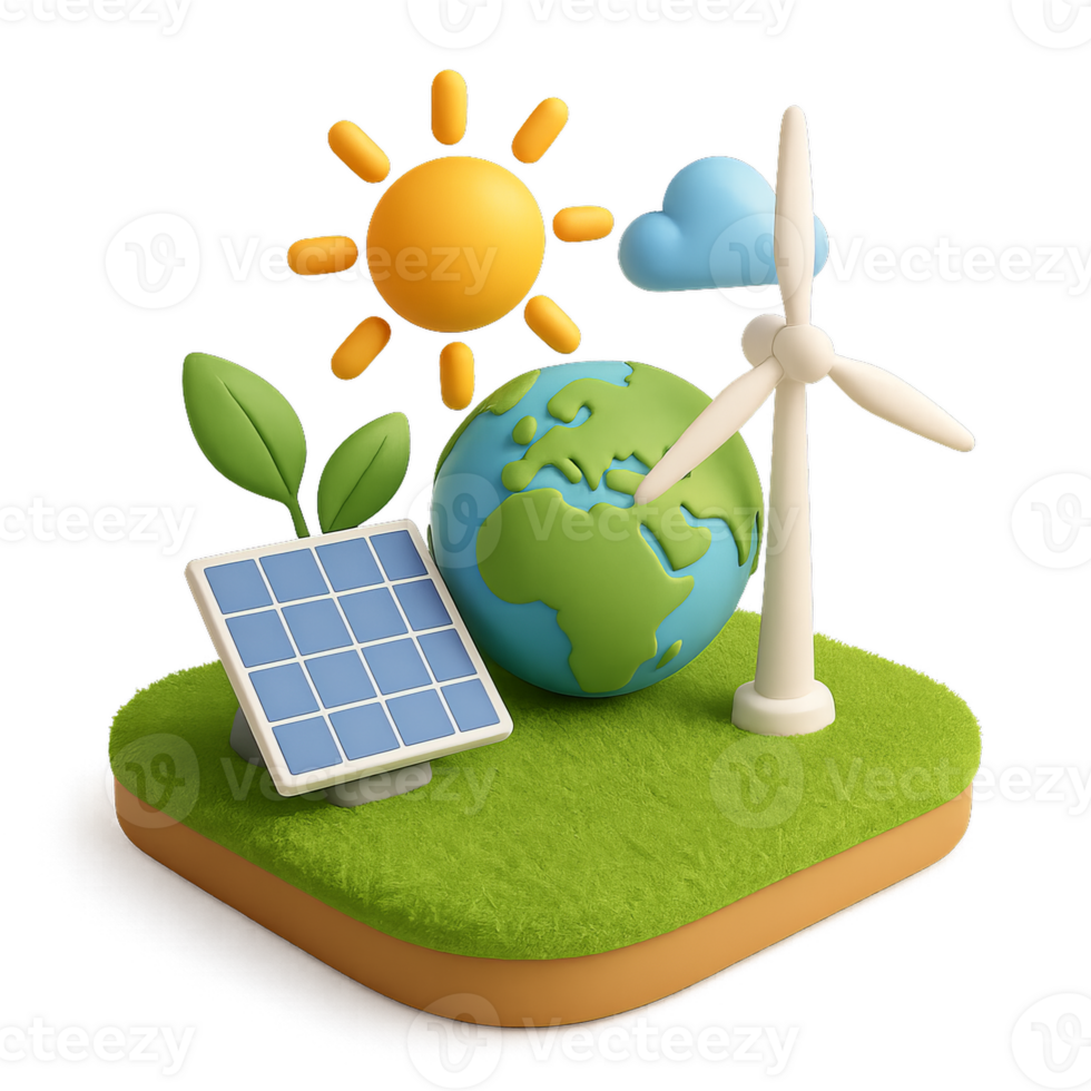 Simple 3D Clean Energy Design with Solar Panel and Wind Turbine png